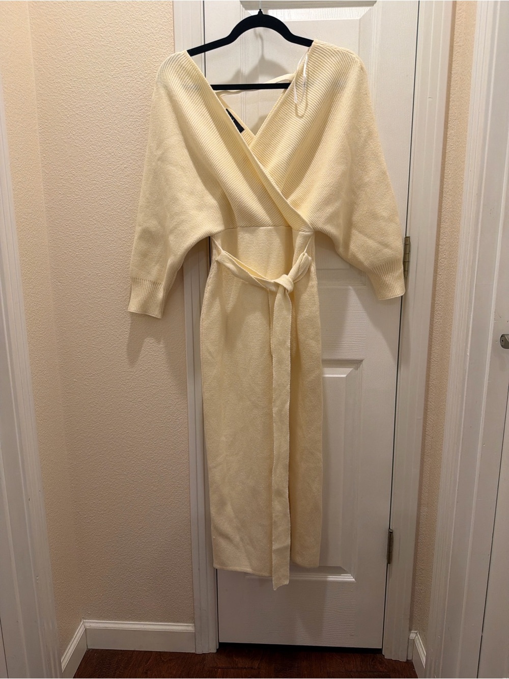 Lulus Knit Wrap Midi Dress in Soft Cream